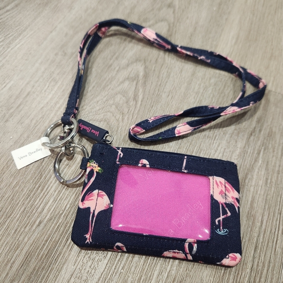 Vera Bradley Flamingo Print Zip ID Holder with Lanyard - Picture 1 of 6